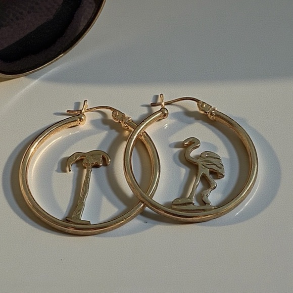 Vintage Yellow Gold Flamingo & Palm Tree Hoop Earrings